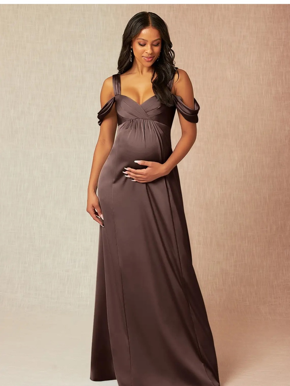 Azazie Chocolate Brown Off-Shoulder Maternity Maxi Dress - NWT